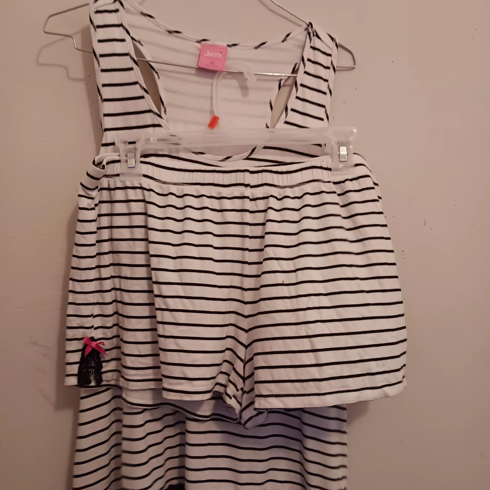 Jenni Pajama Short Set, Women's Large White Black Stripes, Lounging Coord Set